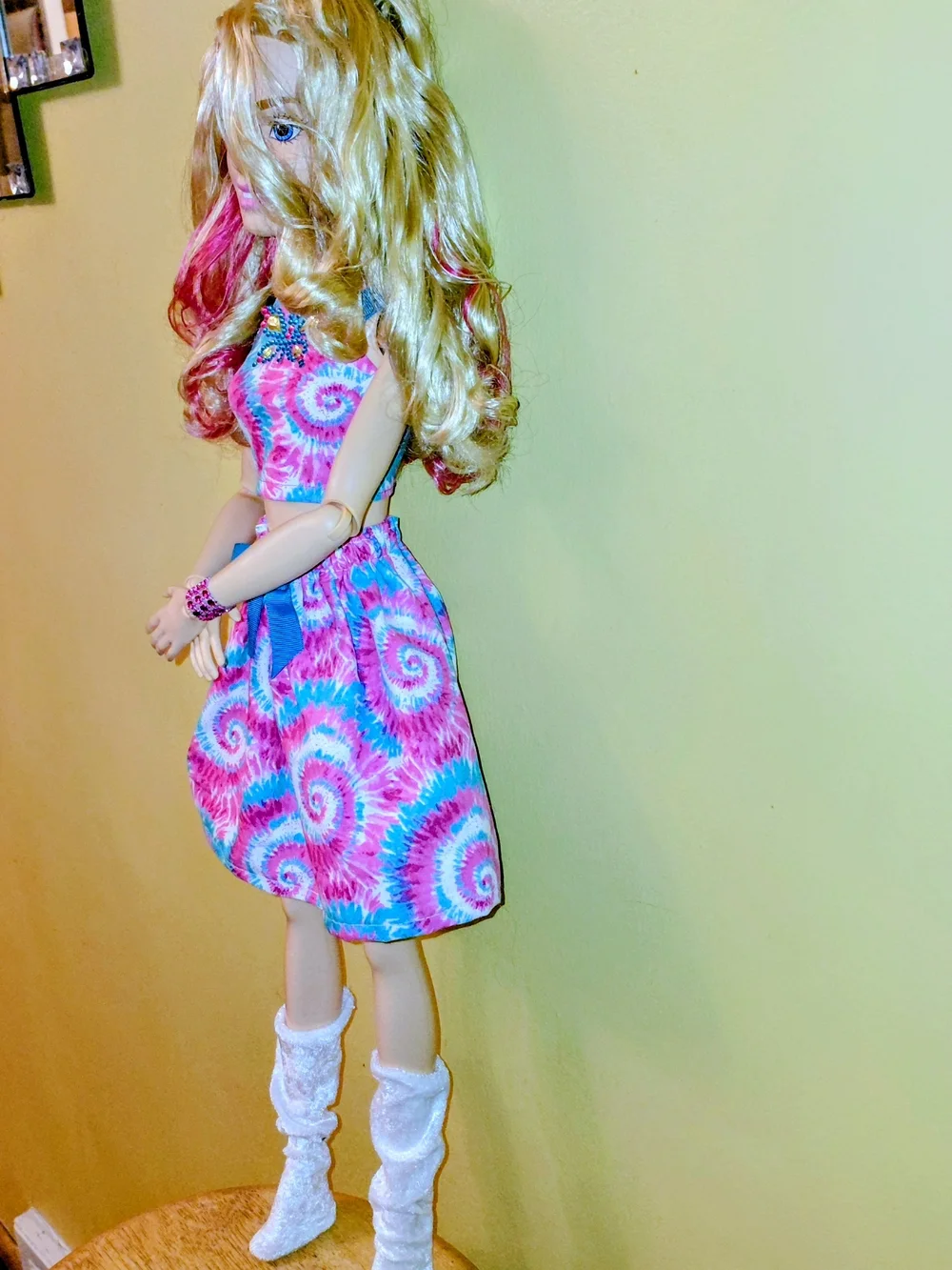 Barbie DOLL+ HANDMADE Pink & Blue Tie-Dye SWIRL Two-Piece Dress, White Boots 28